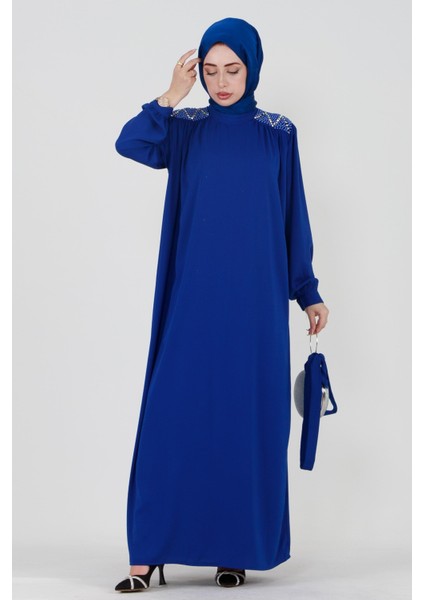 Omuzu Işlemeli Beli Kuşaklı Tesettür Elbise-Saks Mavisi fiyatları