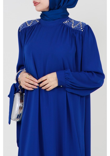Omuzu Işlemeli Beli Kuşaklı Tesettür Elbise-Saks Mavisi modelleri