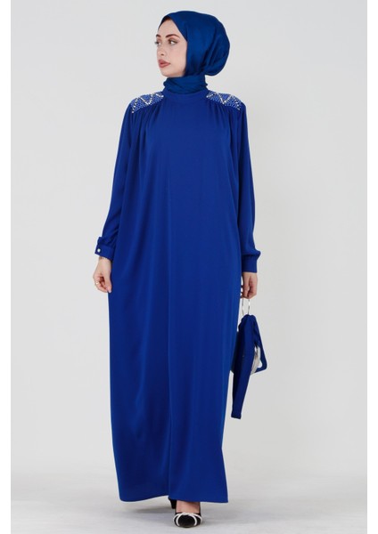 Omuzu Işlemeli Beli Kuşaklı Tesettür Elbise-Saks Mavisi fırsatları