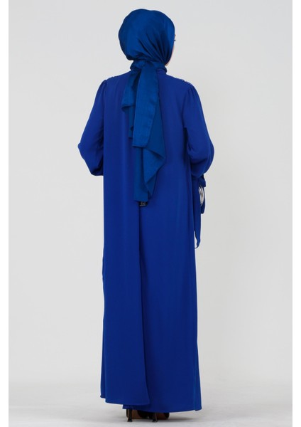 Omuzu Işlemeli Beli Kuşaklı Tesettür Elbise-Saks Mavisi indirimleri
