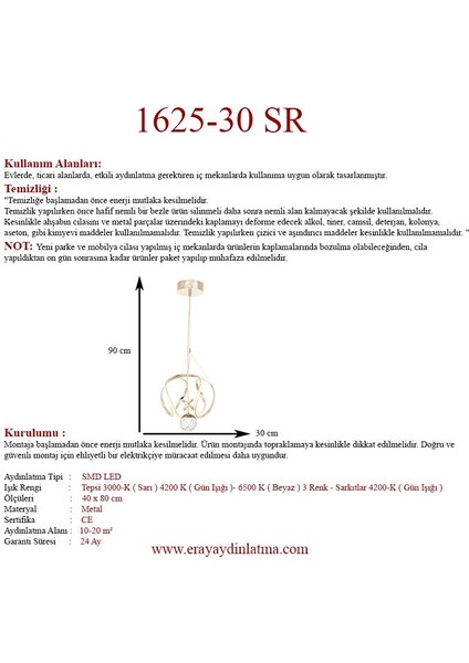 1625-30 Sr LED Gold Avize(Beyaz Işık -Sarı Işık - Gün Işığı) modelleri