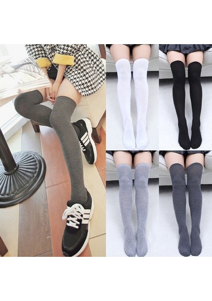 2021 Kadın Düz Renk Pamuk Uyluk Yüksek Diz Üstü Çorap Bayan Kızlar Için Siyah Beyaz Gri Sıcak Uzun Çorap Medias (Yurt Dışından) fiyatları