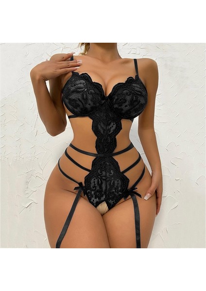 Halter Sutyen Seti Kadın Açık Iç Çamaşırı Katı Örgü Dantel Patchwork Chemises Iç Çamaşırı Seti Jartiyer Kemerler ile Sıcak Kostümleri (Yurt Dışından) fırsatları