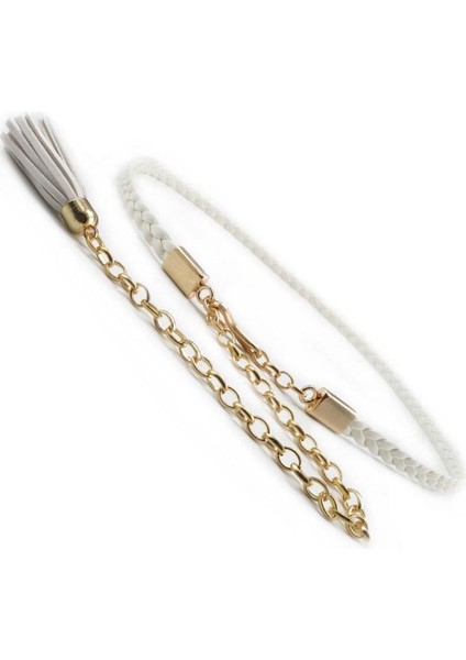 Vrouwen Metal Taille Ketting Gevlochten Riem Smalle Mode Grote Omvang Taille Touw Ketting Riem Wit Kwastje Dame Modellen F0068 (Yurt Dışından)