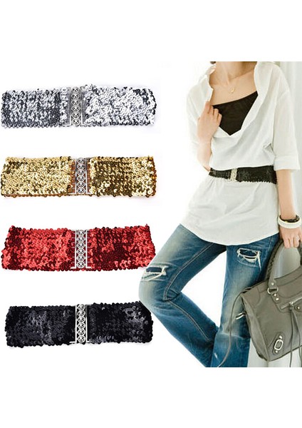 1 Adet Yeni Bling Bayan Perçin Payetler Elastik Streç Geniş Bel Kemeri Kemer Ince Rahat (Yurt Dışından) modelleri