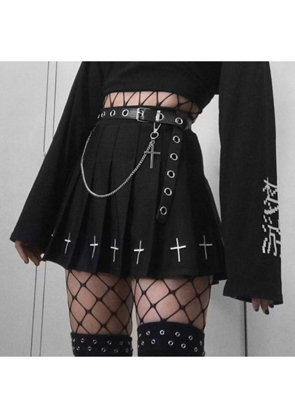 Kadınlar Casual Punk Çapraz Nakış Siyah Kemerler Yüksek Bel A-Line Koyu Gotik Harajuku Dipleri Streetweed (Yurt Dışından) fiyatları