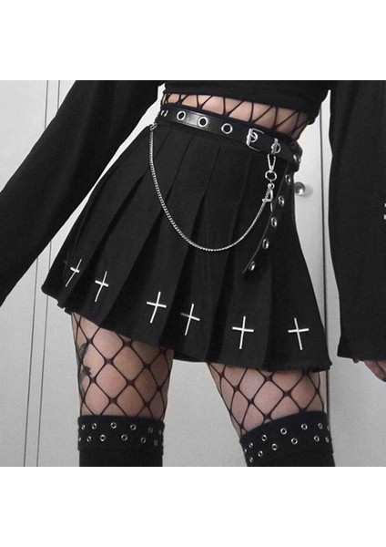 Kadınlar Casual Punk Çapraz Nakış Siyah Kemerler Yüksek Bel A-Line Koyu Gotik Harajuku Dipleri Streetweed (Yurt Dışından) modelleri