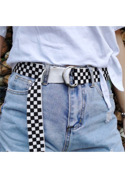 Punk Damalı Kemer Kemer Uzun Siyah ve Beyaz Ekose Dama Tahtası Çift Damalı Kanvas Kadın Yeni Kemerler Hediye (Yurt Dışından)