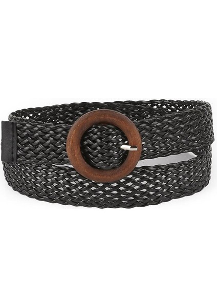 Vintage Boho Yuvarlak Kare Toka Dekoratif Geniş Kemer Kadın Örgü Kemer Nefes Içi Boş Dokuma Kemer Saman Örme Elastik (Yurt Dışından)