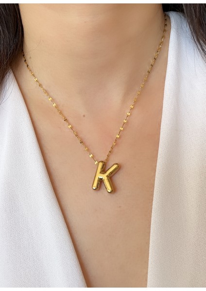 K Harf Kolye Bombeli Harf Kolye Çelik Ezme Zincir Balon Harfli Kolye Gold