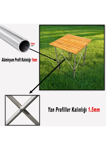 Alüminyum-Ahşap Katlanabilir Piknik, Balkon, Kamp Masası 60x60x70