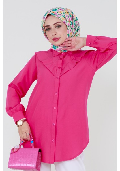 Yakası Kat Detaylı poplin Tunik-Fuşya