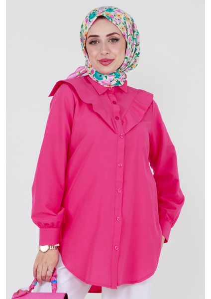 Yakası Kat Detaylı poplin Tunik-Fuşya