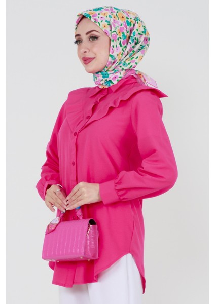 Yakası Kat Detaylı poplin Tunik-Fuşya