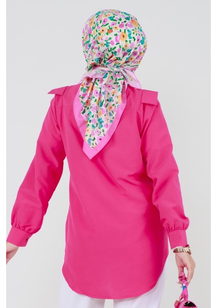 Yakası Kat Detaylı poplin Tunik-Fuşya