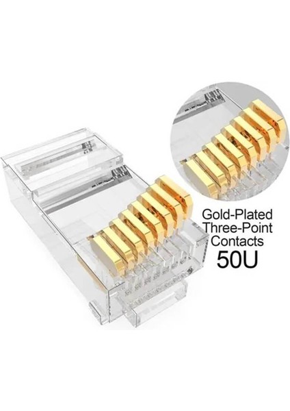 - 100 Adet - 50U" Gold Plated Cat6 RJ45 Konnektör - 8P8C Ethernet Kablo Ucu Modüler Fiş Jak