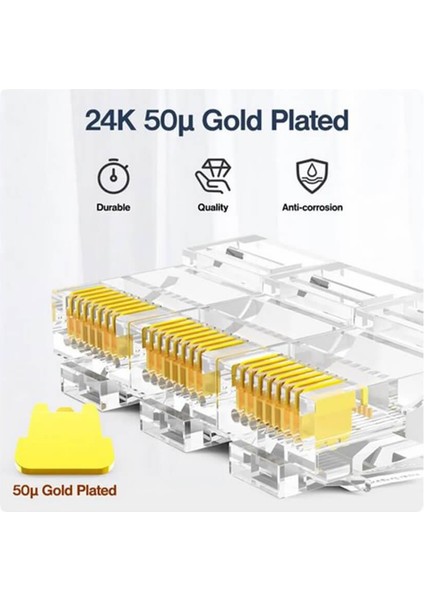 - 100 Adet - 50U" Gold Plated Cat6 RJ45 Konnektör - 8P8C Ethernet Kablo Ucu Modüler Fiş Jak