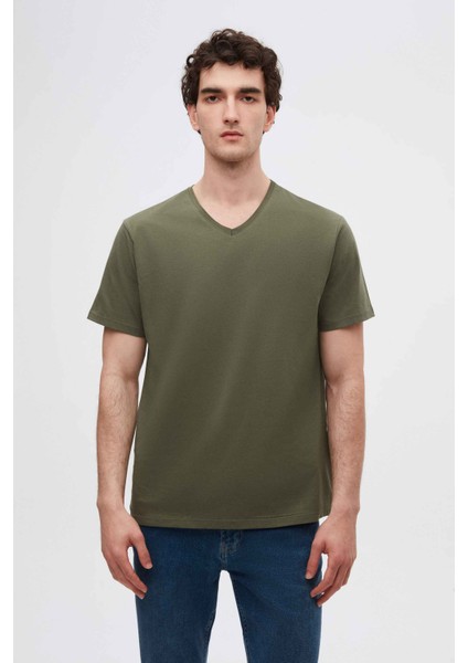 Slim Fit Haki V Yaka %100 Pamuk T-shirt 4HC141996755M