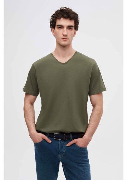 Slim Fit Haki V Yaka %100 Pamuk T-shirt 4HC141996755M fiyatları