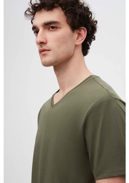 Slim Fit Haki V Yaka %100 Pamuk T-shirt 4HC141996755M modelleri