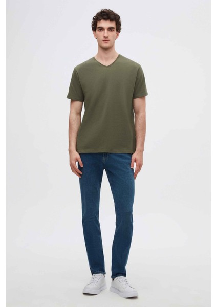Slim Fit Haki V Yaka %100 Pamuk T-shirt 4HC141996755M indirimleri
