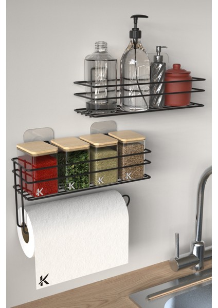 Yapışkanlı Şampuanlık Baharatlık 2'li Metal Kağıt Havluluk Siyah Stand Mutfak ve Banyo Rafı Banyo Rafı