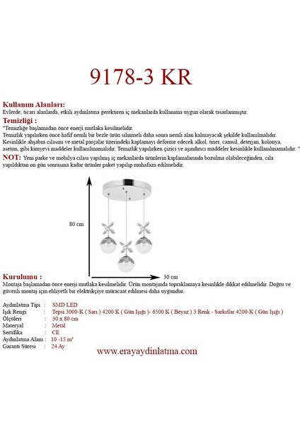 9178-3 3lü Krom Sarkıt LED Avize(Beyaz Işık -Sarı Işık - Gün Işığı)
