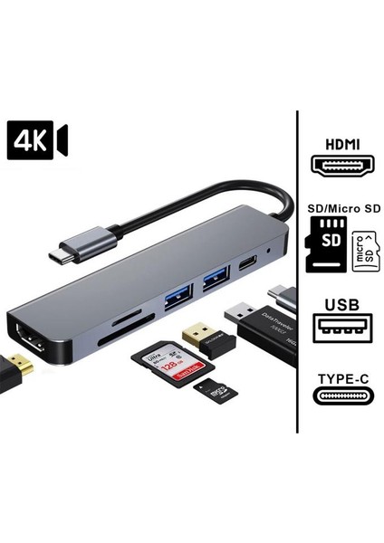 6 In 1 Type-C To USB 3.0 Sd Tf 4K Ultra Hd HDMI Pd Kart Okuyucu Çevirici Dönüştürücü Adaptör