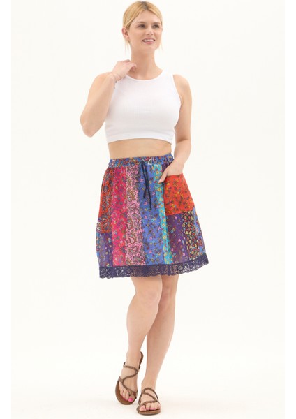 Renkli Vual Kısa Yazlık Otantik Patchwork Etek