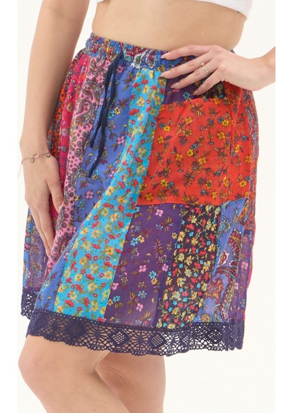 Renkli Vual Kısa Yazlık Otantik Patchwork Etek fiyatları