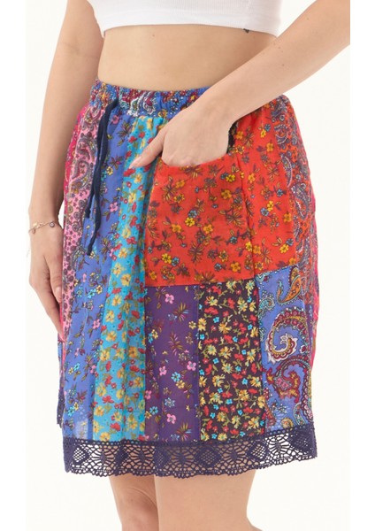 Renkli Vual Kısa Yazlık Otantik Patchwork Etek fırsatları