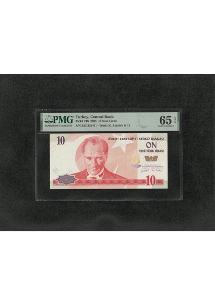 10 Yeni Türk Lirası Pmg 65 Epq Gem Unc Çil 10 Lira P 218 2005 S/n B52 8. Ems 1. Tertip