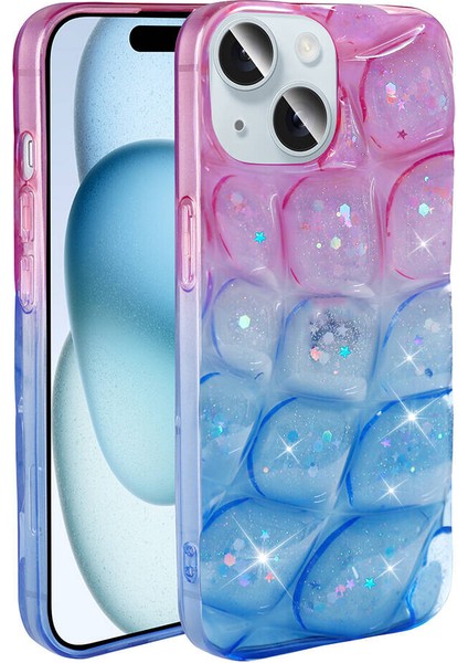 Apple Iphone 15 Kılıf Kabartmalı Simli 3D Kabuk Desenli Nacar Silikon