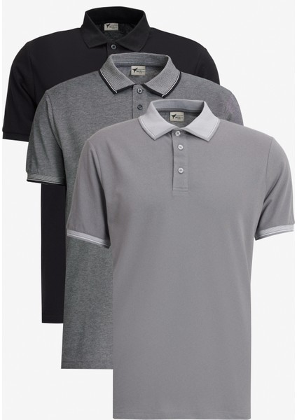 Erkek Siyah-Açık Siyah-Gri 3'lü Çekmeyen Pamuklu Slim Fit Dar Kesim Kıvrılmaz Polo Yaka Tişört