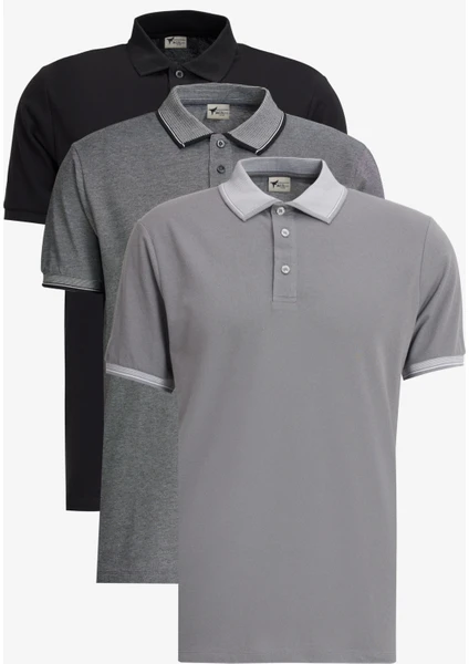 AC&Co / Altınyıldız Classics Erkek Siyah-Açık Siyah-Gri 3'lü Çekmeyen Pamuklu Slim Fit Dar Kesim Kıvrılmaz Polo Yaka Tişört