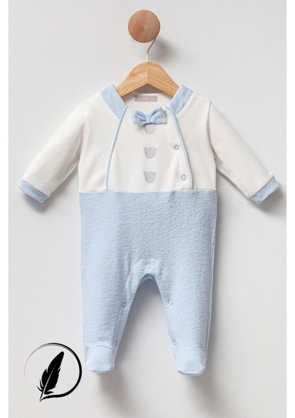Erkek Bebek Three Teddy Papyon Detaylı Patikli %100 Pamuk Tulum