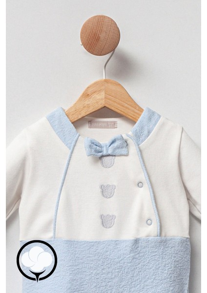 Erkek Bebek Three Teddy Papyon Detaylı Patikli %100 Pamuk Tulum