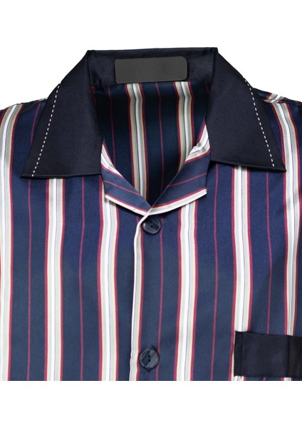 Erkek Klasik Model Pijama Takımı Ipeksi Saten Kumaş Çizgili Desenli Gömlek Yaka Uzun Kollu Cepli Rahat Kesim Tam Kalıp modelleri