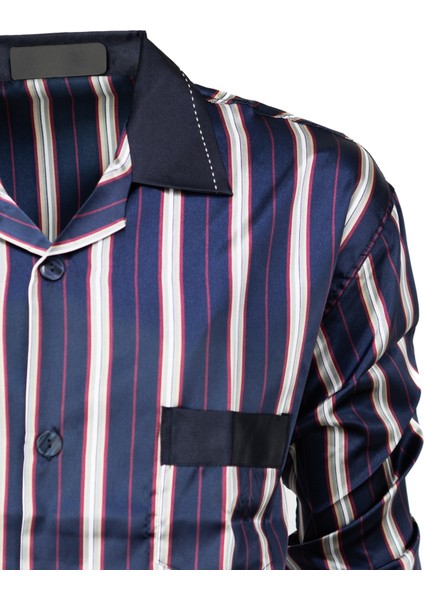 Erkek Klasik Model Pijama Takımı Ipeksi Saten Kumaş Çizgili Desenli Gömlek Yaka Uzun Kollu Cepli Rahat Kesim Tam Kalıp indirimleri
