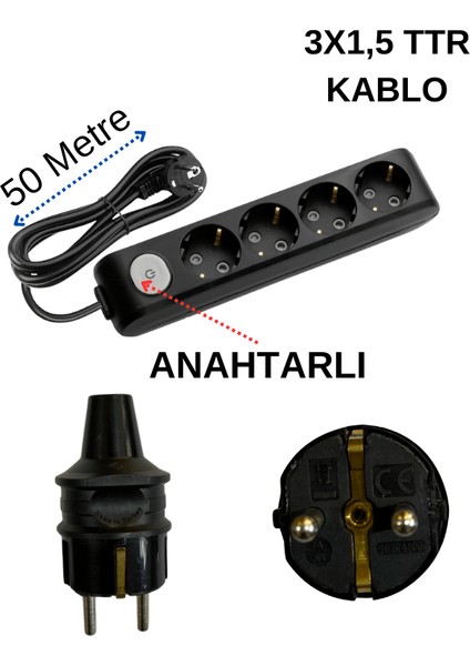 (4/'lü) Dörtlü Priz Topraklı Anahtarlı Kablolu Siyah (3x1,5 Ttr) 50 (Elli) Metre