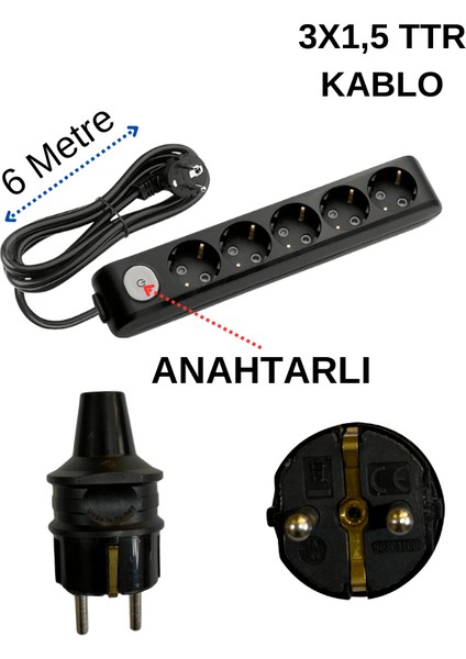 (5/'li) Beşli Priz Topraklı Anahtarlı Kablolu Siyah (3x1,5 Ttr) 6 (Altı) Metre