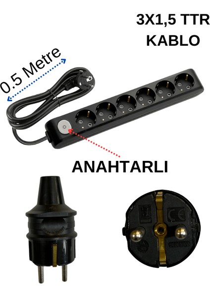 (6/'lı) Altılı Priz Topraklı Anahtarlı Kablolu Siyah (3x1,5 Ttr) 0,5 (Yarım) Metre