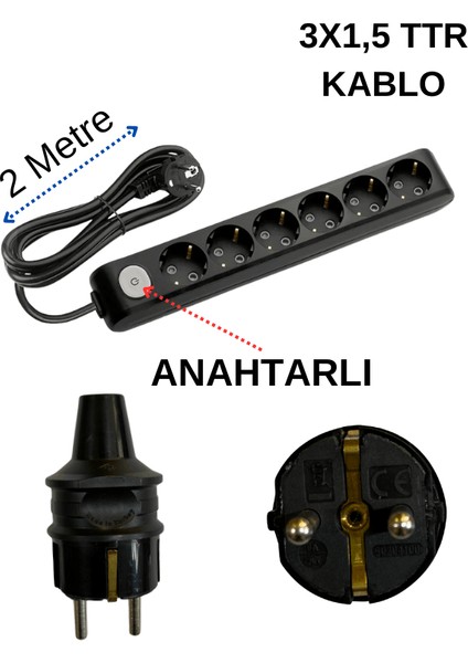 (6/'lı) Altılı Priz Topraklı Anahtarlı Kablolu Siyah (3x1,5 Ttr) 2 (Iki) Metre