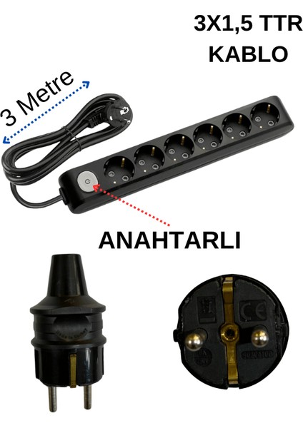 (6/'lı) Altılı Priz Topraklı Anahtarlı Kablolu Siyah (3x1,5 Ttr) 3 (Üç) Metre