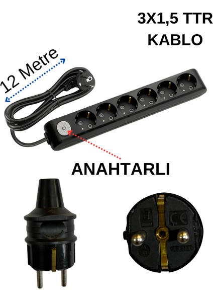 (6/'lı) Altılı Priz Topraklı Anahtarlı Kablolu Siyah (3x1,5 Ttr) 12 (On Iki) Metre