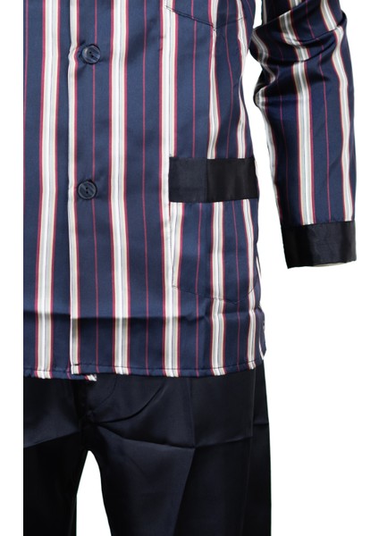 Erkek Klasik Model Pijama Takımı Ipeksi Saten Kumaş Çizgili Desenli Gömlek Yaka Uzun Kollu Cepli Rahat Kesim Tam Kalıp modelleri