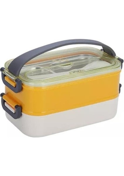 Çift Katman Paslanmaz Çelik Yemek Kutusu Sefer Tası Saklama Kabı Sarı Krem VGN-462