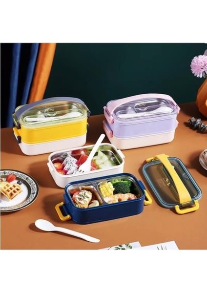Çift Katman Paslanmaz Çelik Yemek Kutusu Sefer Tası Saklama Kabı Sarı Krem VGN-462 fiyatları