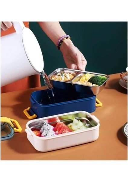 Çift Katman Paslanmaz Çelik Yemek Kutusu Sefer Tası Saklama Kabı Sarı Krem VGN-462 indirimleri