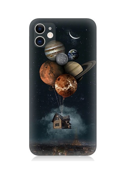 Apple Iphone 12 Uyumlu Gezegenler ve Uçan Ev Desenli Silikon Kılıf